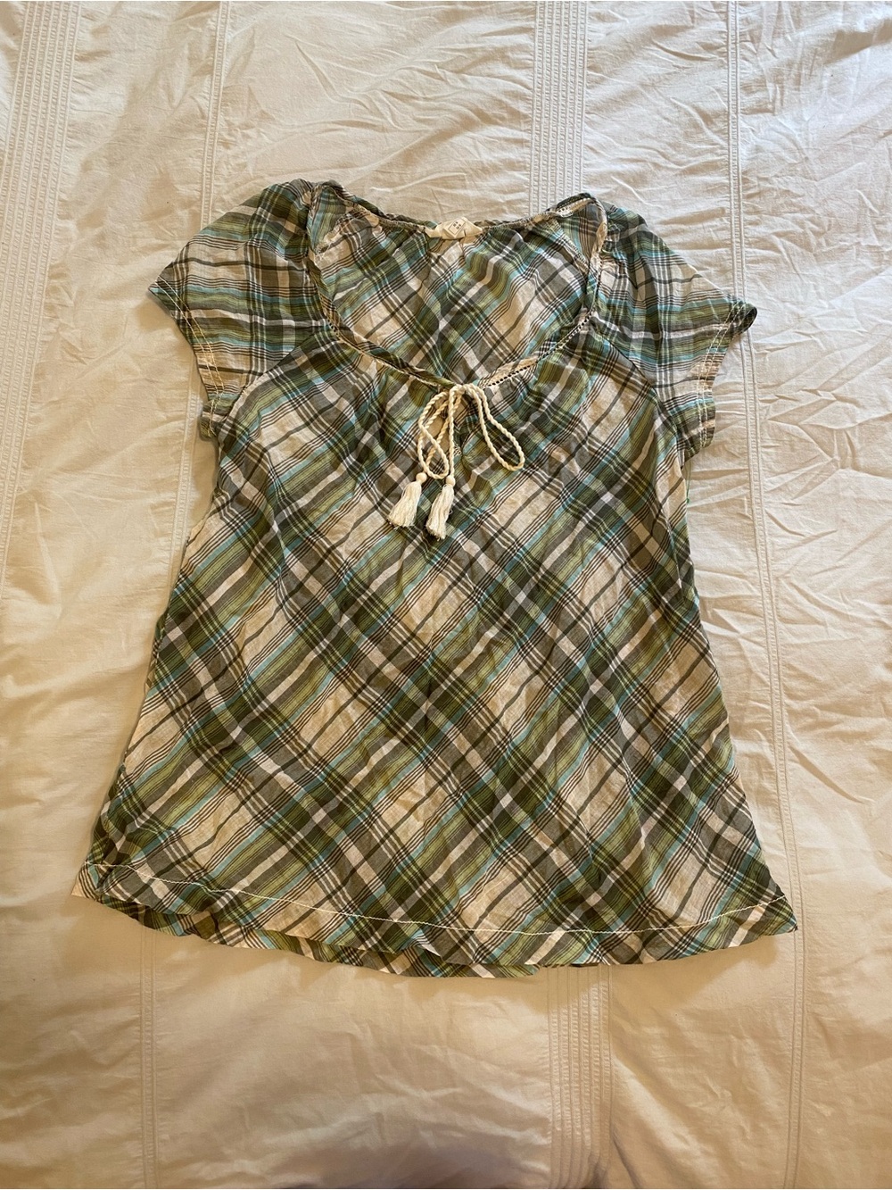 Y2K green plaid cottage core top